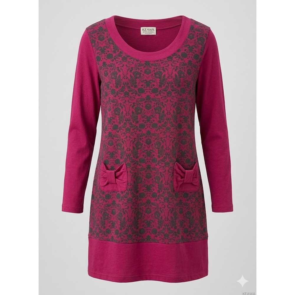 KEAWA Cotton Pink Black Damask Floral Print Long Sleeve Pocket Mini Dress S